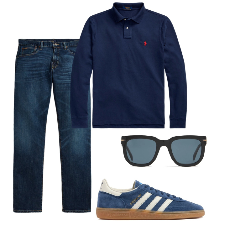 Outfit uomo - Denim blu. Stile Urban per Tutti i giorni. Abbinamento con polo, jeans dritti, occhiali da sole, sneakers.