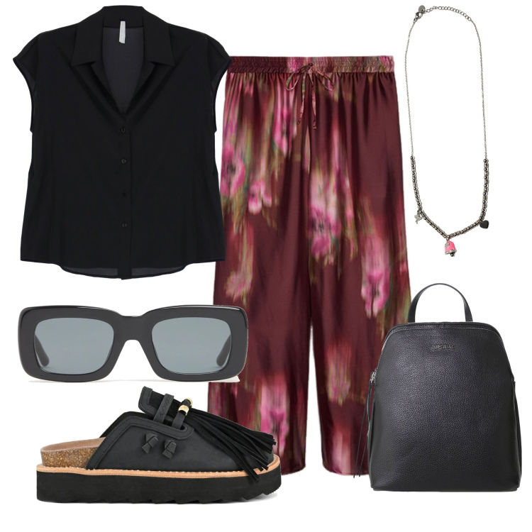 Outfit donna - Abiti scuri in estate. Stile Casual per Tutti i giorni. Abbinamento con zaini, camicie, ciondoli, sabot, pantaloni a palazzo, occhiali da sole.