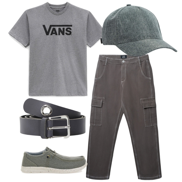 Outfit uomo - In grigio. Stile Casual per Tutti i giorni. Abbinamento con cappelli, pantaloni cargo, cinture, t-shirt, scarpe stringate.