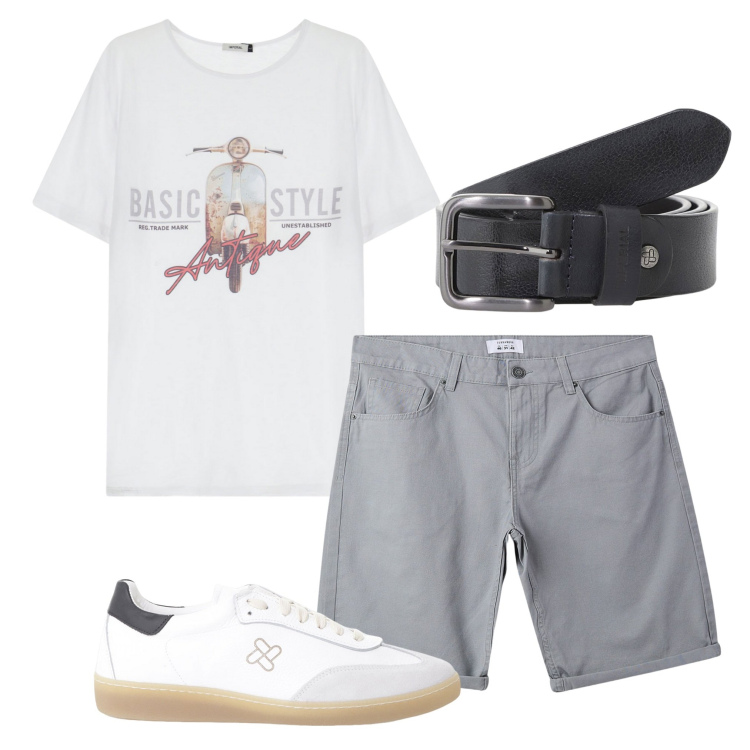 Outfit uomo - Comodo in estate. Stile Trendy per Tutti i giorni. Abbinamento con bermuda, sneakers, cinture, t-shirt.