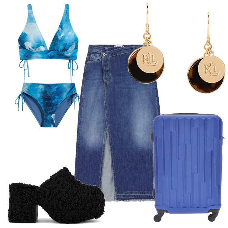 Outfit donna - Total look #2221070. Stile Trendy per Mare. Abbinamento con bikini, gonne, orecchini, sabot, valigie.