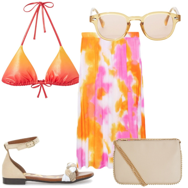 Outfit donna - Total look #2221073. Stile Trendy per Mare. Abbinamento con borse a tracolla, bikini, occhiali da sole, gonne lunghe, sandali.