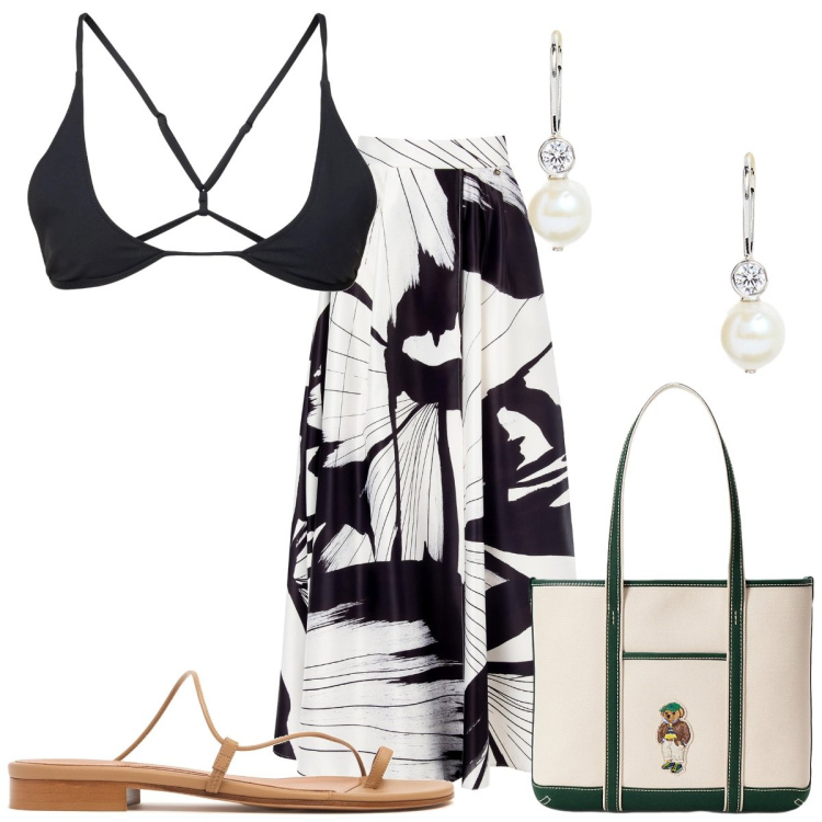 Outfit donna - Total look #2221078. Stile Trendy per Mare. Abbinamento con gonne lunghe, borse tote, orecchini, bikini, sandali in pelle.