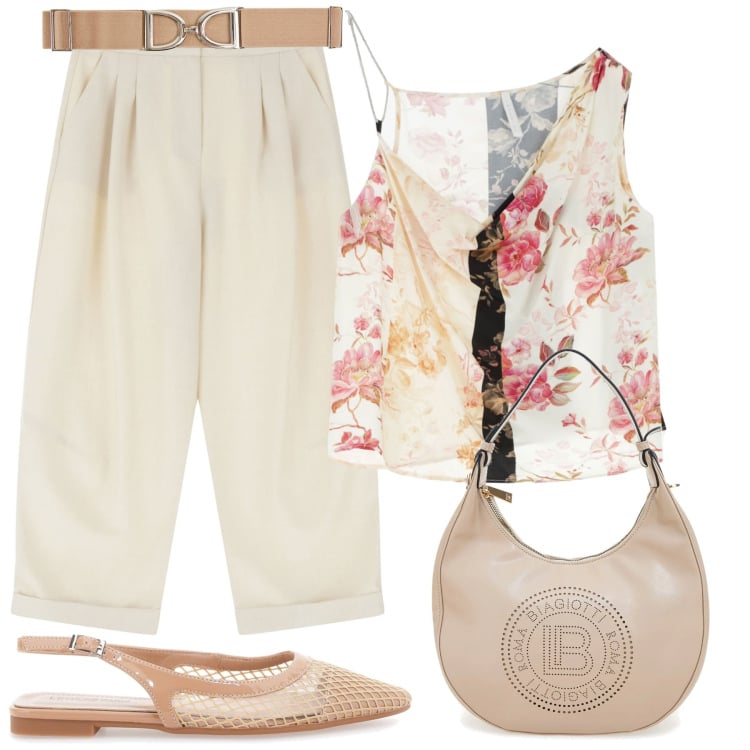 Outfit donna - Fiorita. Stile Bon Ton per Tutti i giorni. Abbinamento con cinture, pantaloni, top, ballerine, borse a spalla.