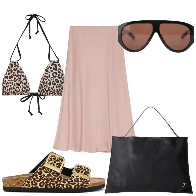 Outfit donna - Total look #2221081. Stile Trendy per Mare. Abbinamento con bikini, gonne longuette, occhiali da sole, borse a spalla, sandali in pelle.