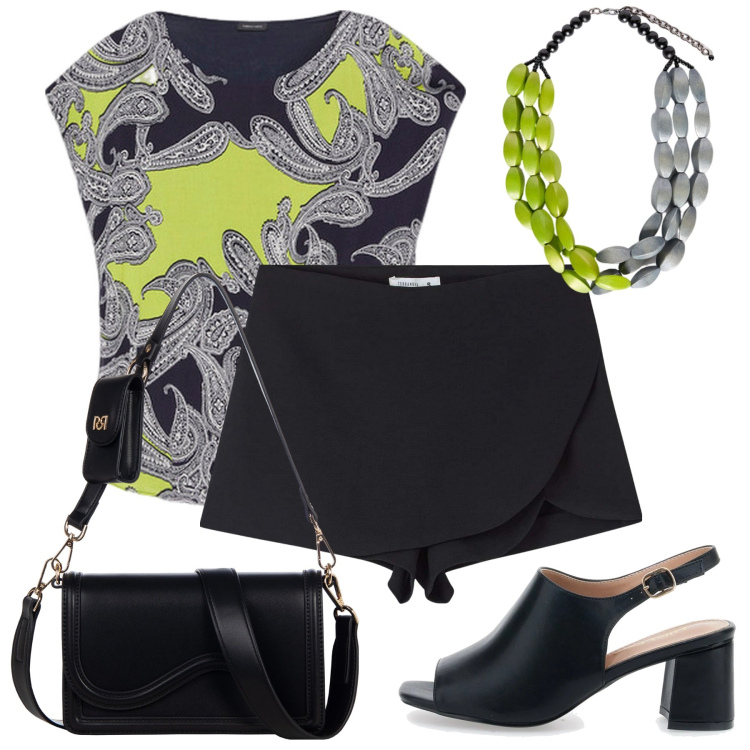 Outfit donna - Estate in città. Stile Urban per Tutti i giorni. Abbinamento con minigonne, pochette, bluse, sandali col tacco, collane.