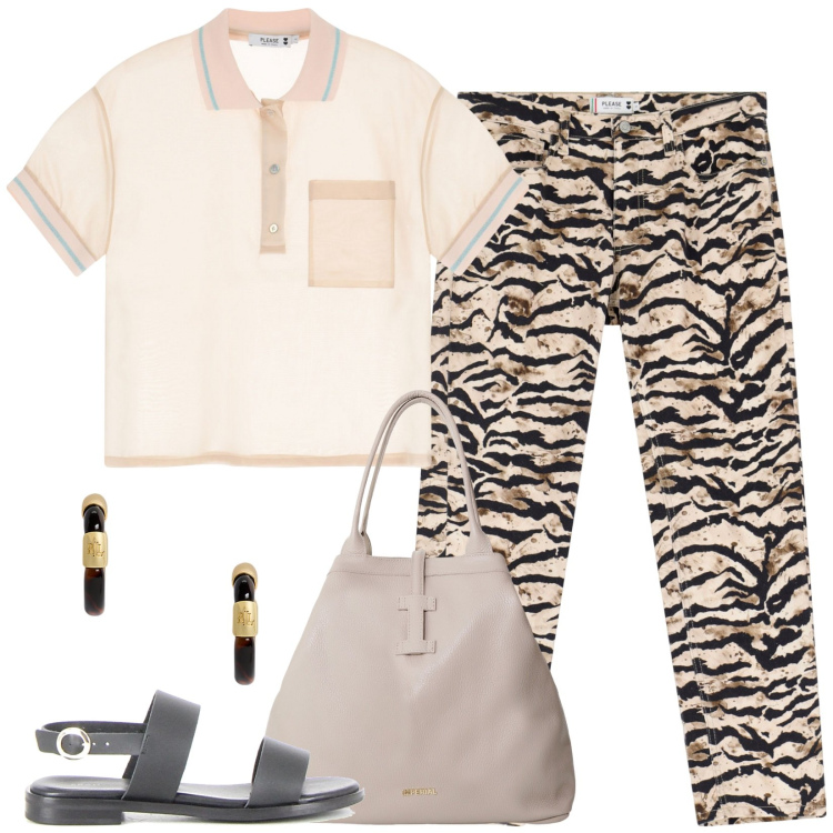 Outfit donna - Pantaloni e sandali. Stile Casual per Tutti i giorni. Abbinamento con polo, pantaloni chino, borse tote, orecchini, sandali.