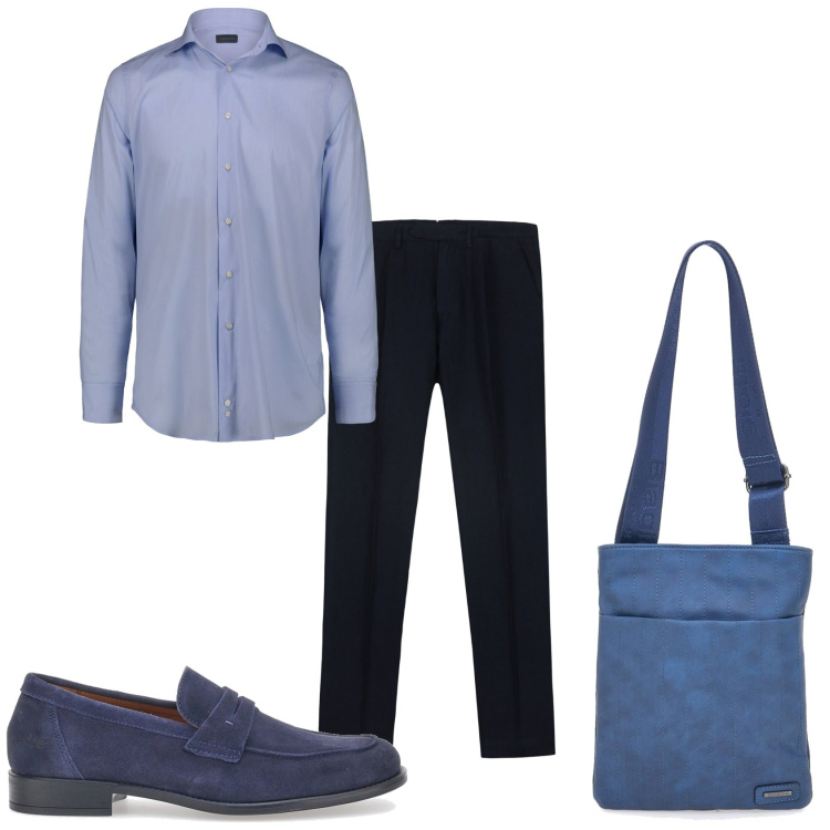 Outfit uomo - Al lavoro in estate. Stile Business/Elegante per Ufficio. Abbinamento con scarpe stringate, portafogli, camicie, pantaloni.