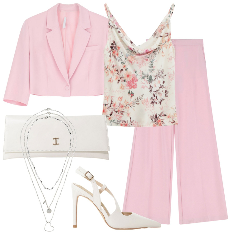 Outfit donna - Cerimonia a settembre. Stile Romantica per Cerimonia. Abbinamento con collane, canottiere, pantaloni, décolleté, blazer, pochette.