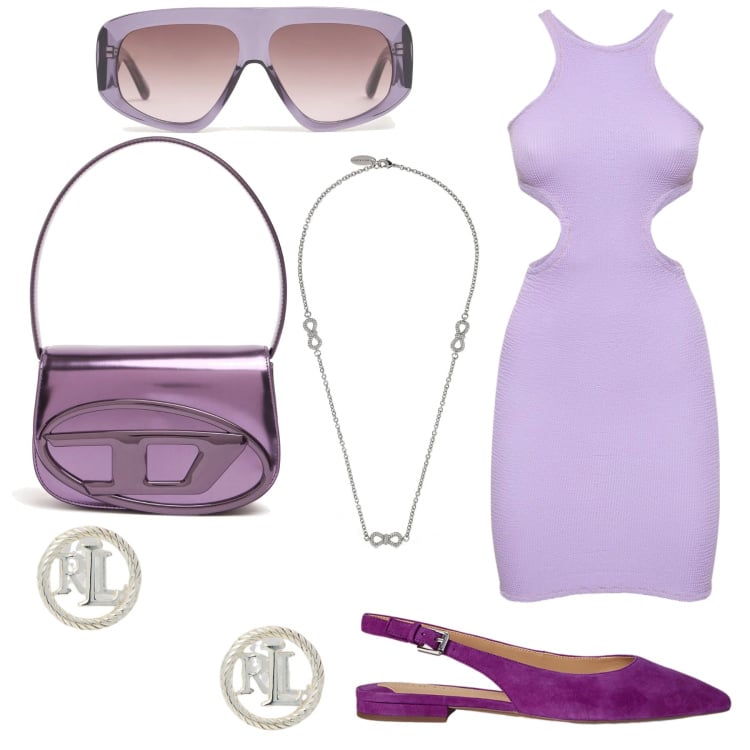 Outfit donna - L\'abito lilla. Stile Glamour per Serata fuori. Abbinamento con orecchini, ballerine, vestiti, collane, borse a spalla, occhiali da sole.