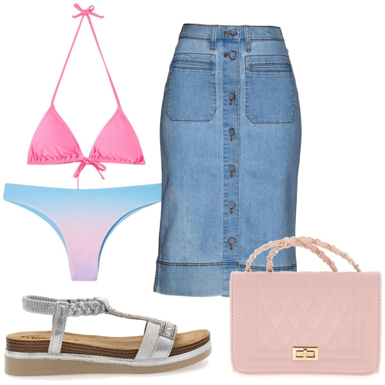 Outfit donna - Total look #2221114. Stile Trendy per Mare. Abbinamento con gonne, bikini, bikini, sandali, borse a tracolla.