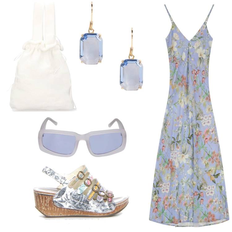 Outfit donna - Fiori dai colori delicati. Stile Romantica per Serata fuori. Abbinamento con vestiti lunghi, orecchini, occhiali da sole, borse a mano, sandali col tacco.
