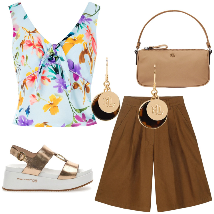 Outfit donna - Total look #2221121. Stile Minimal per Tutti i giorni. Abbinamento con top, pochette, orecchini, sandali, bermuda.