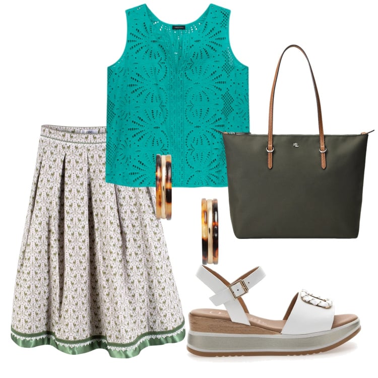 Outfit donna - In estate. Stile Boho per Tutti i giorni. look ideale per Tall. Abbinamento con gonne longuette, borse tote, orecchini, top, sandali.