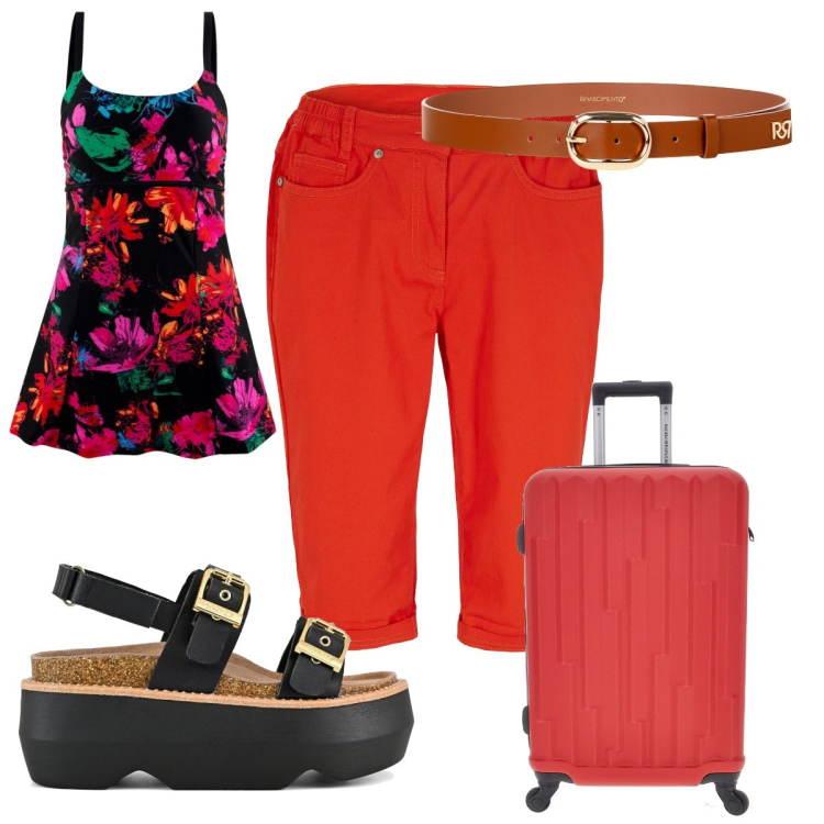 Outfit donna - Total look #2221127. Stile Trendy per Mare. Abbinamento con bermuda, vestiti da spiaggia, cinture, sandali col tacco, valigie.