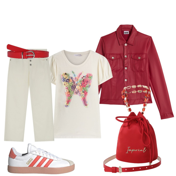 Outfit donna - Sporty chic in bianco e rosso. Stile Sporty chic per Tutti i giorni. Abbinamento con t-shirt, cinture, pantaloni, borse a secchiello, giacche, sneakers.