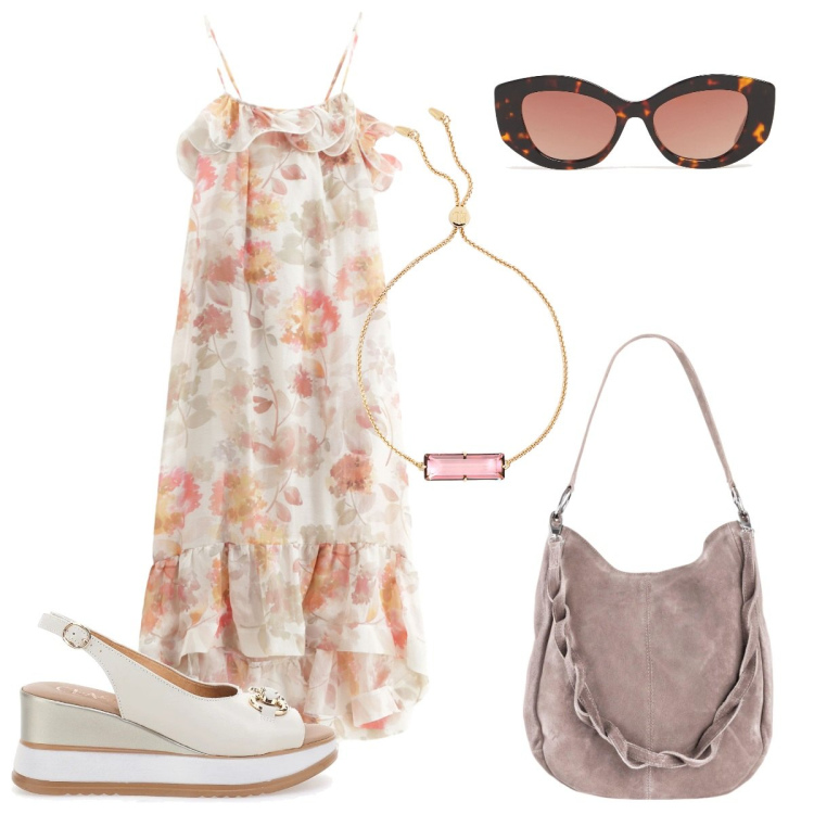 Outfit donna - Eleganza rilassata. Stile Romantica per Mare. Abbinamento con borse a mano, vestiti lunghi, braccialetti, sandali in pelle, occhiali da sole.