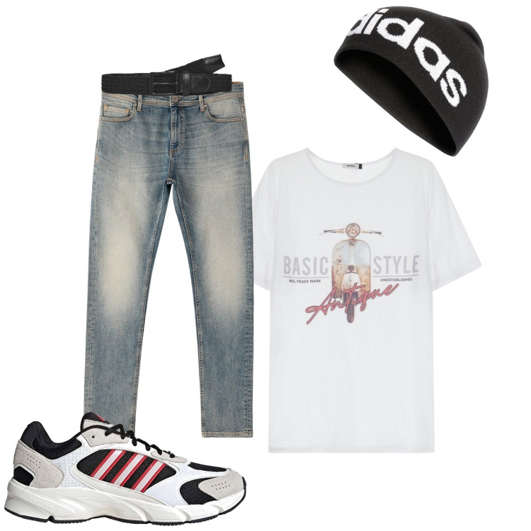 Outfit uomo - Disinvolto. Stile Casual per Tutti i giorni. Abbinamento con cinture, jeans skinny, t-shirt, berretti, sneakers.