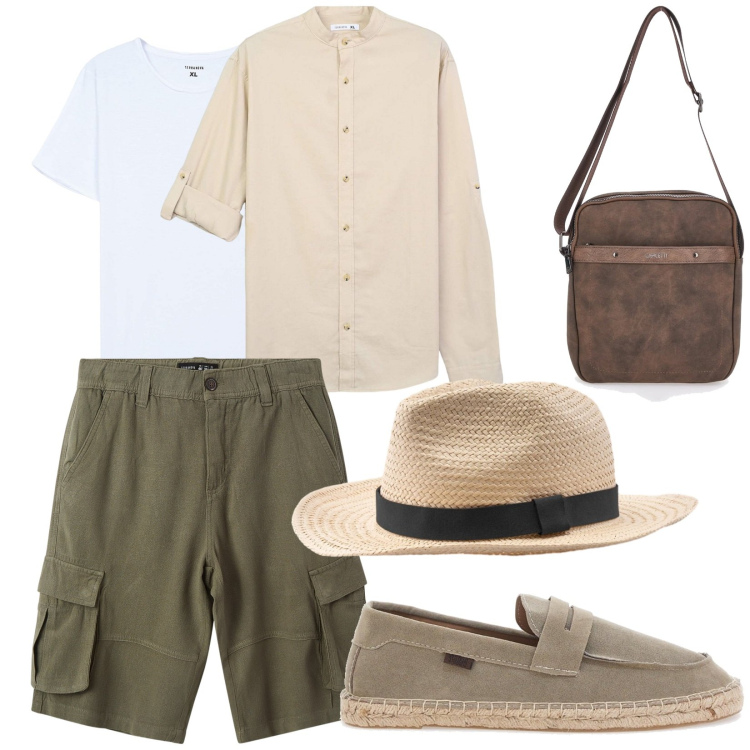 Outfit uomo - Summer Day. Stile Casual per Tutti i giorni. Abbinamento con camicie, t-shirt, bermuda, portafogli, espadrillas, cappelli.