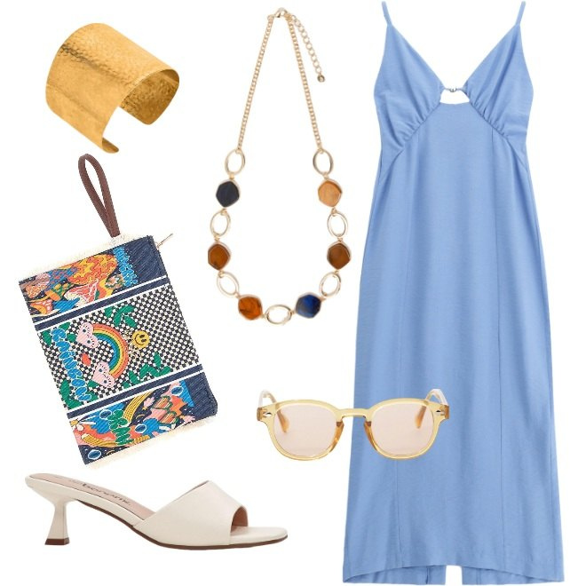 Outfit donna - Vacanza al mare. Stile Boho per Tutti i giorni. Abbinamento con ciabatte, vestiti midi/longuette, occhiali da sole, collane, pochette, braccialetti.
