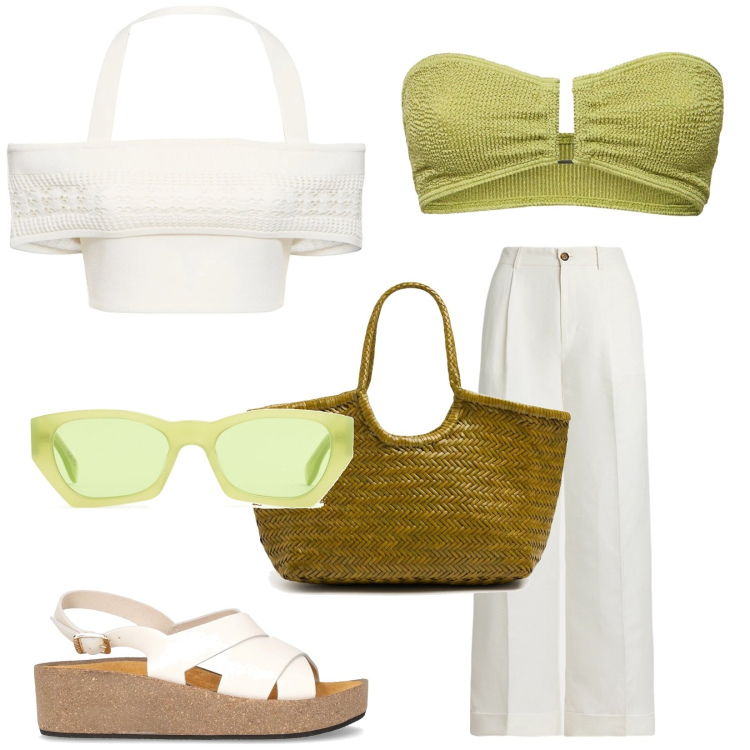 Outfit donna - Aperitivo in barca. Stile Chic per Mare. Abbinamento con pantaloni, sandali, bikini, top, shopping bag, occhiali da sole.