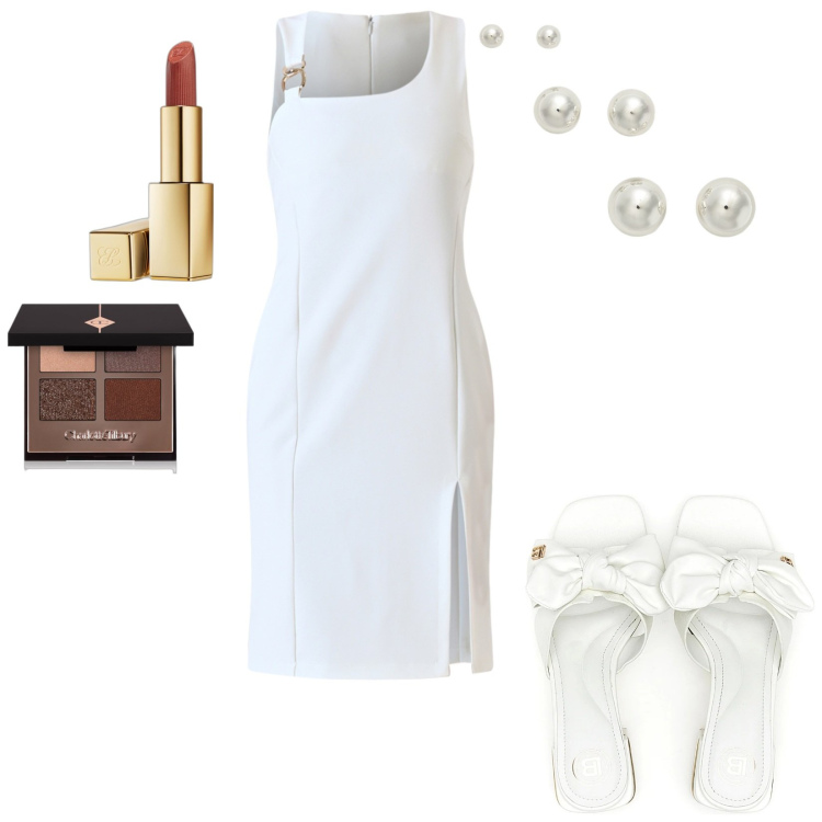 Outfit donna - Agosto_bianco estate. Stile Chic per Tutti i giorni. Abbinamento con rossetti, ombretti, vestiti a tubino, orecchini, ciabatte.