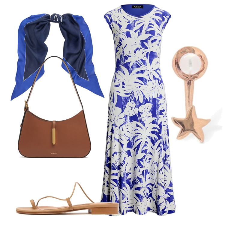 Outfit donna - Relax elegante. Stile Trendy per Serata fuori. Abbinamento con foulard, vestiti, orecchini, borse a spalla, sandali in pelle.