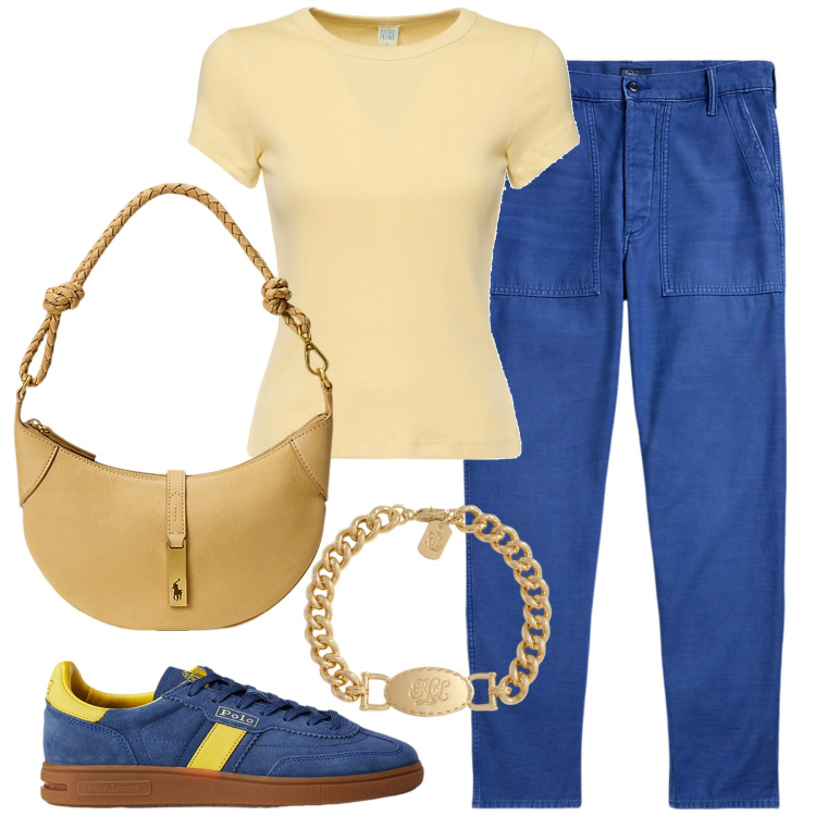 Outfit donna - Back to work. Stile Casual chic per Ufficio. Abbinamento con pantaloni, braccialetti, sneakers, borse a spalla, t-shirt.
