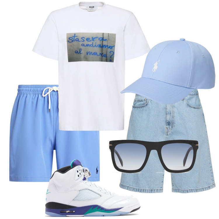 Outfit uomo - Andiamo al mare?. Stile Trendy per Mare. Abbinamento con cappelli, costumi, occhiali da sole, t-shirt, shorts, sneakers.