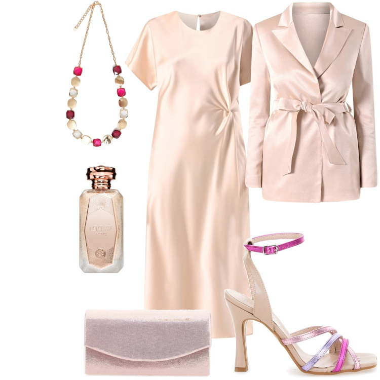 Outfit donna - In beige sotto il sole. Stile Chic per Cerimonia. Abbinamento con profumi, vestiti midi/longuette, blazer, collane, borse a tracolla, sandali col tacco.