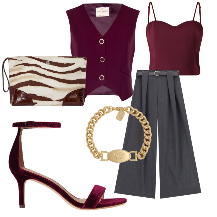 Outfit donna - Sandalo chic. Stile Trendy per Serata fuori. Abbinamento con gilet, top, pantaloni, pochette, sandali in pelle, braccialetti.