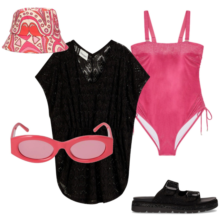 Outfit donna - Al mare. Stile Casual chic per Mare. Abbinamento con vestiti da spiaggia, costumi interi, occhiali da sole, cappelli, ciabatte.