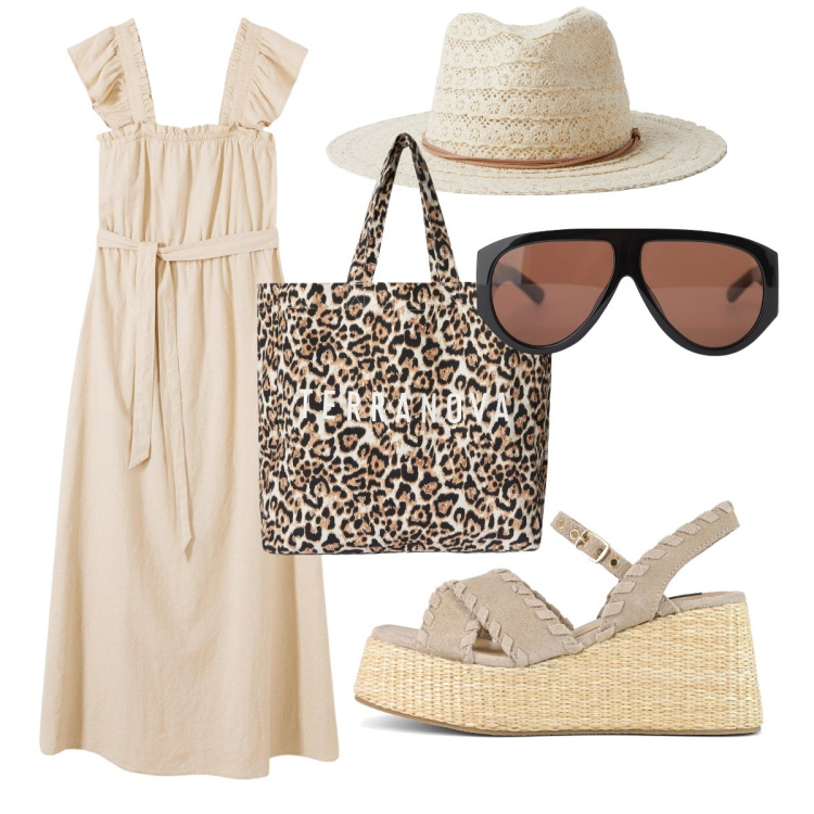 Outfit donna - L’abitino fresco. Stile Boho per Tutti i giorni. Abbinamento con vestiti lunghi, cappelli, borse tote, occhiali da sole, zeppe.