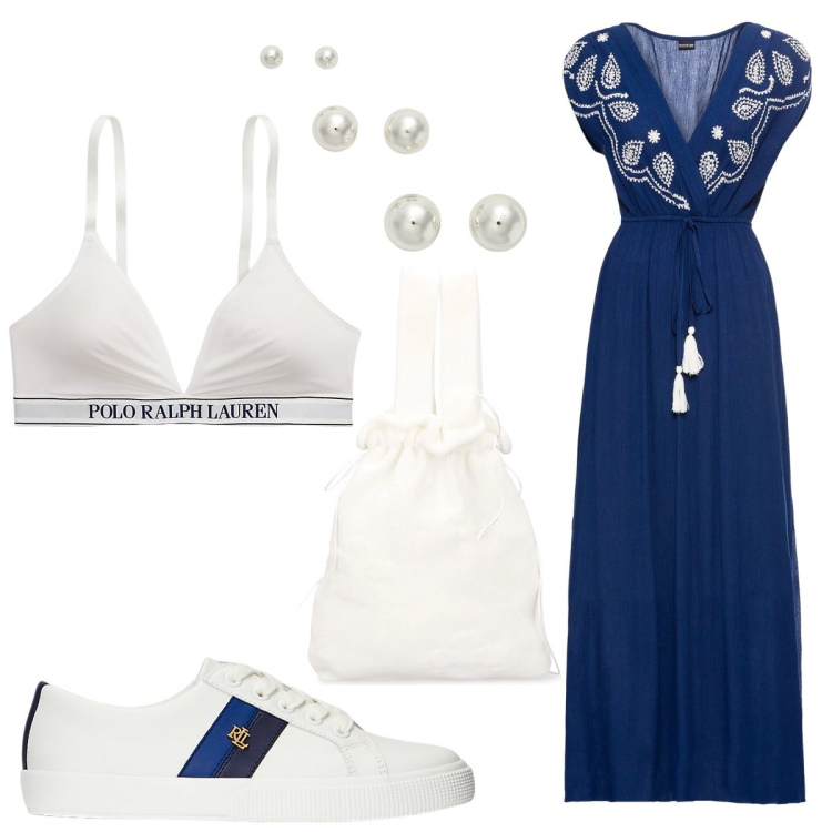 Outfit donna - L’abito lungo ricamato. Stile Bon Ton per Tutti i giorni. Abbinamento con vestiti lunghi, sneakers, orecchini, reggiseni, borse a mano.
