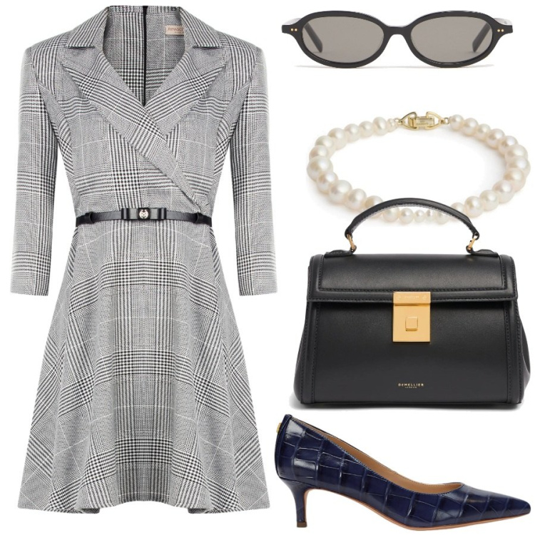 Outfit donna - Rientro a settembre. Stile Bon Ton per Ufficio. Abbinamento con vestiti corti, décolleté, braccialetti, occhiali da sole, borse a mano.