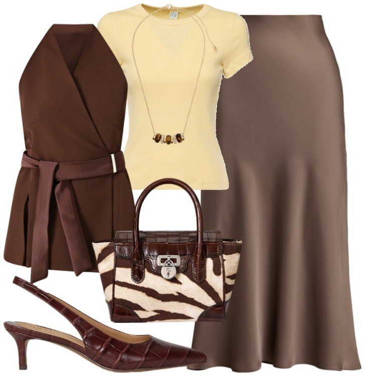 Outfit donna - Rientro bon ton. Stile Bon Ton per Ufficio. Abbinamento con gilet, gonne, collane, borse a mano, décolleté, t-shirt.