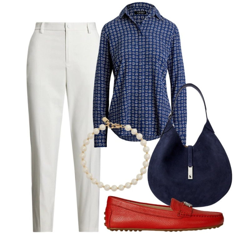 Outfit donna - Bianco rosso e blu senza età. Stile Casual chic per Tutti i giorni. Abbinamento con borse a spalla, pantaloni, mocassini, braccialetti, camicie.
