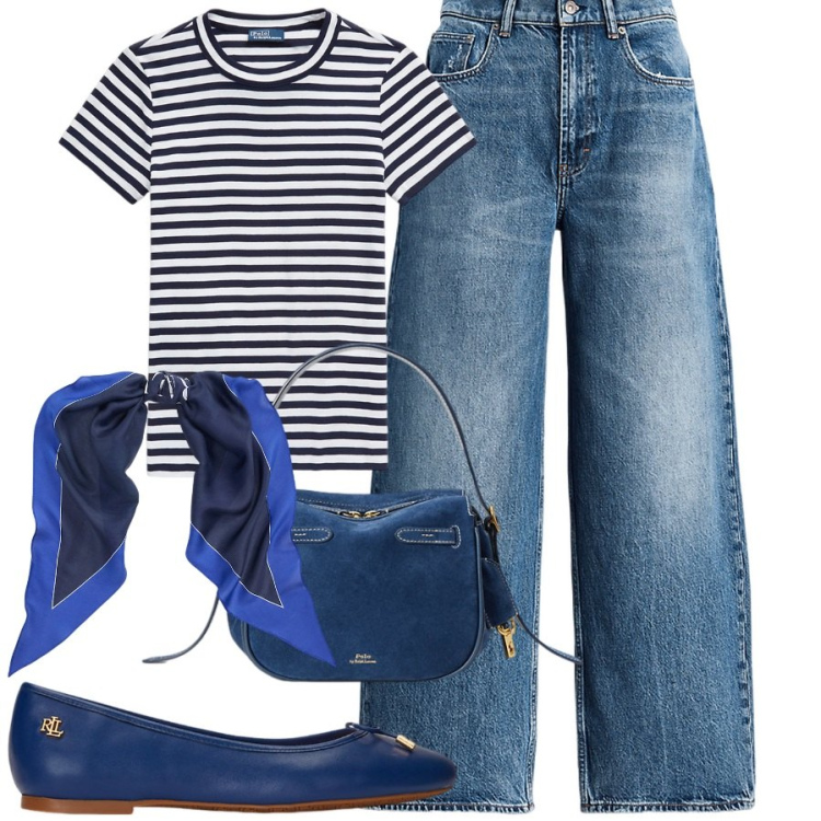 Outfit donna - Blue Lauren. Stile Casual chic per Tutti i giorni. Abbinamento con ballerine, t-shirt, jeans, borse a mano, foulard.
