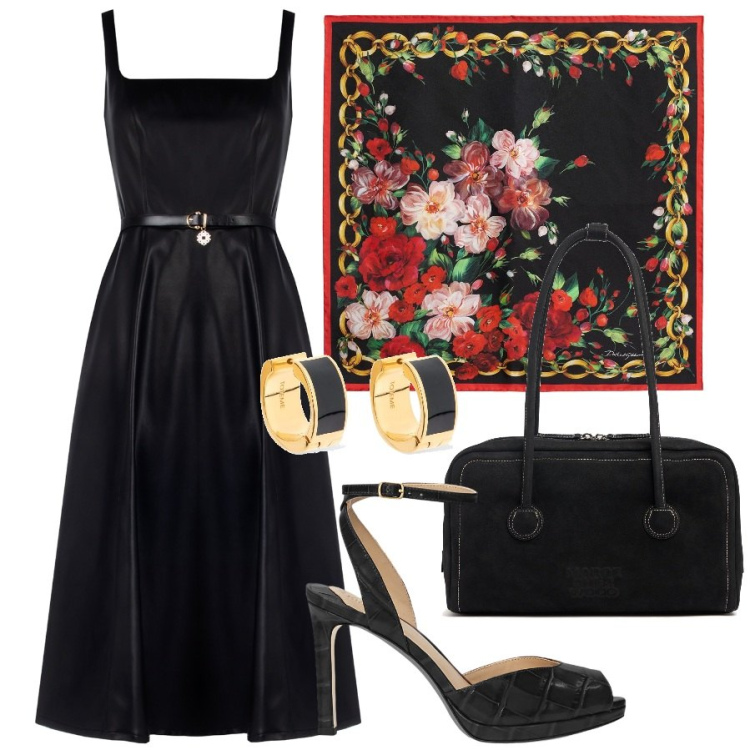 Outfit donna - Serata evento. Stile Glamour per Serata fuori. Abbinamento con vestiti midi/longuette, sandali in pelle, foulard, orecchini, borse a spalla.