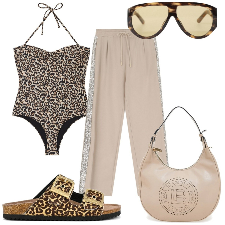 Outfit donna - Total look #2221256. Stile Trendy per Mare. Abbinamento con costumi interi, occhiali da sole, pantaloni, borse a spalla, sandali in pelle.