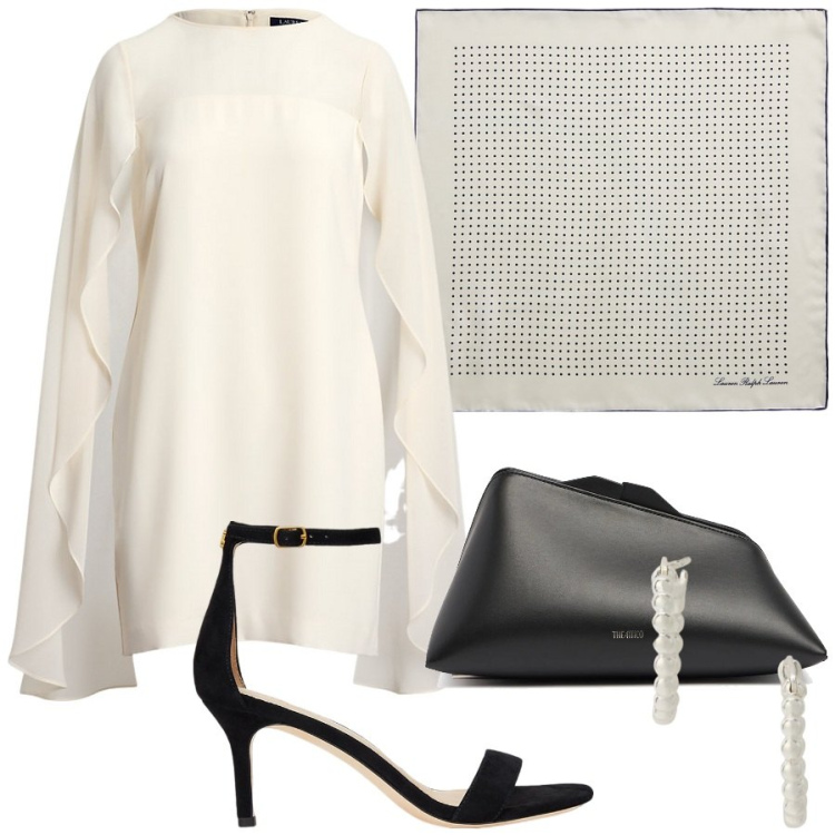 Outfit donna - Impegni mondani al rientro. Stile Chic per Serata fuori. Abbinamento con orecchini, foulard, vestiti a tubino, sandali in pelle, pochette.