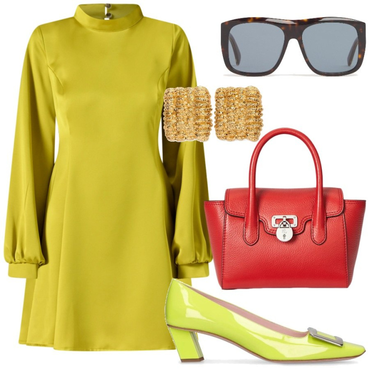 Outfit donna - Sapore retrò. Stile Vintage retrò per Ufficio. Abbinamento con vestiti corti, borse a mano, occhiali da sole, orecchini, décolleté.