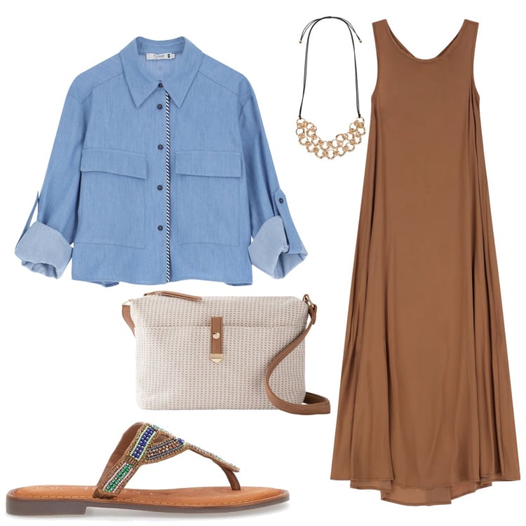 Outfit donna - Total look #2221260. Stile Etnico per Tutti i giorni. Abbinamento con borse a tracolla, vestiti lunghi, camicie, infradito, collane.