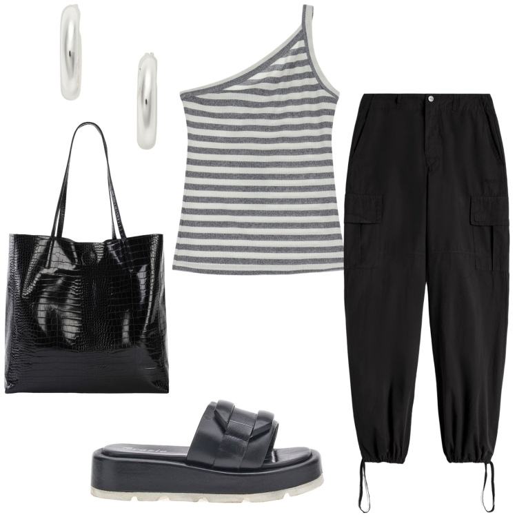 Outfit donna - Total look #2221263. Stile Casual per Tutti i giorni. Abbinamento con shopping bag, top, pantaloni cargo, orecchini, ciabatte.