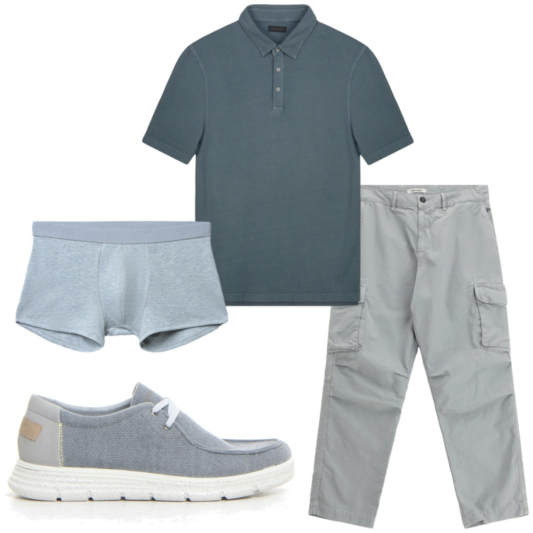 Outfit uomo - Total look #2221264. Stile Casual per Ufficio. Abbinamento con boxer, pantaloni cargo, scarpe stringate, polo.