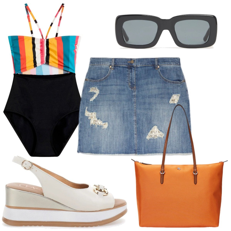 Outfit donna - Total look #2221265. Stile Trendy per Mare. Abbinamento con costumi interi, borse tote, sandali in pelle, minigonne, occhiali da sole.