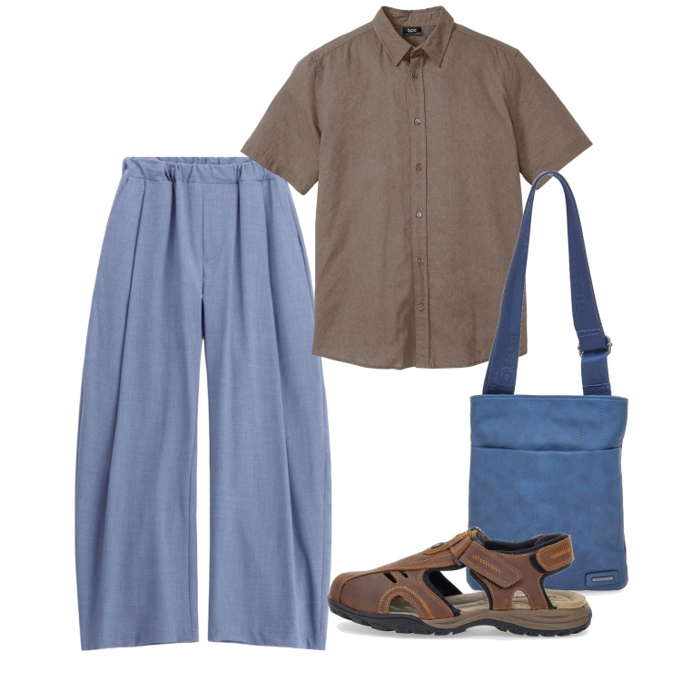 Outfit uomo - Pomeriggio d\'agosto. Stile Trendy per Tutti i giorni. Abbinamento con camicie a manica corta, pantaloni, portafogli, sandali.