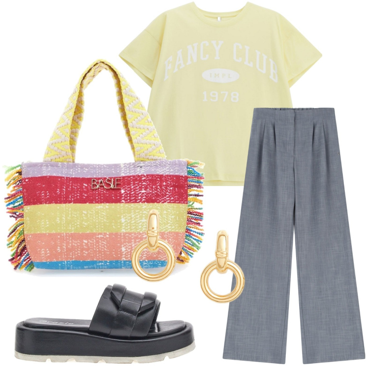 Outfit donna - Borsa multicolor. Stile Minimal per Tutti i giorni. Abbinamento con pantaloni, t-shirt, orecchini, ciabatte, pochette.
