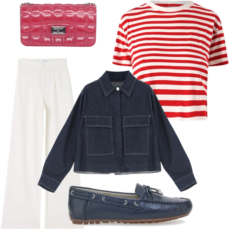 Outfit donna - T-Shirt Mariniére. Stile Casual per Tutti i giorni. Abbinamento con pantaloni, borse a tracolla, t-shirt, blazer, mocassini.
