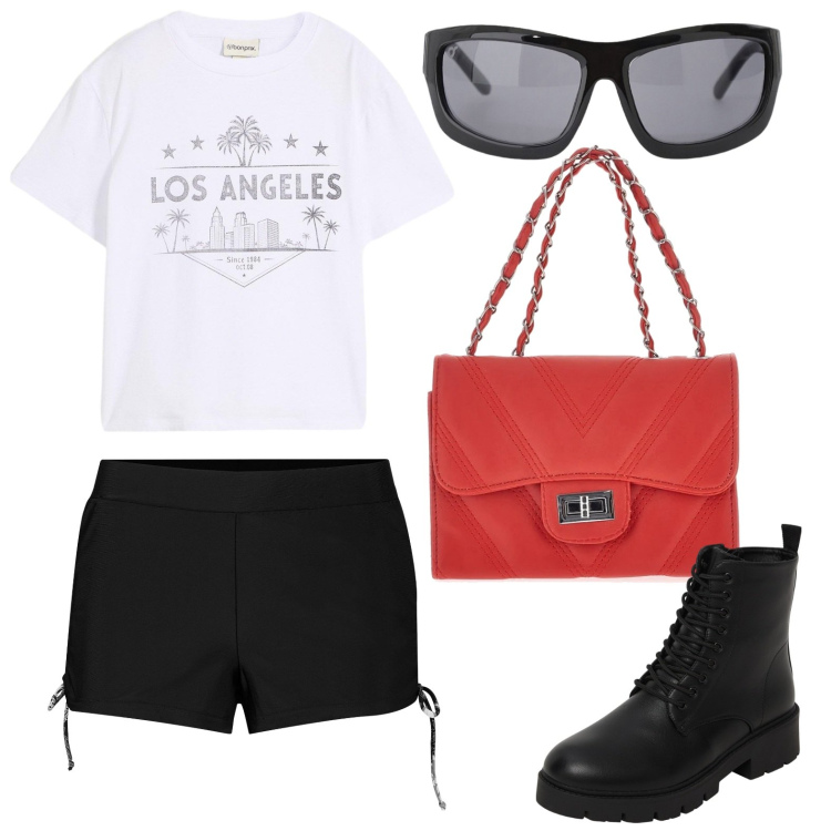Outfit donna - T-shirt L.A.. Stile Glamour per Tutti i giorni. Abbinamento con pantaloni corti, t-shirt, anfibi, occhiali da sole, borse a tracolla.